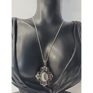 Vintage Style Filigree Pendant Necklace Opalite Cabochon Purple Rhinestone